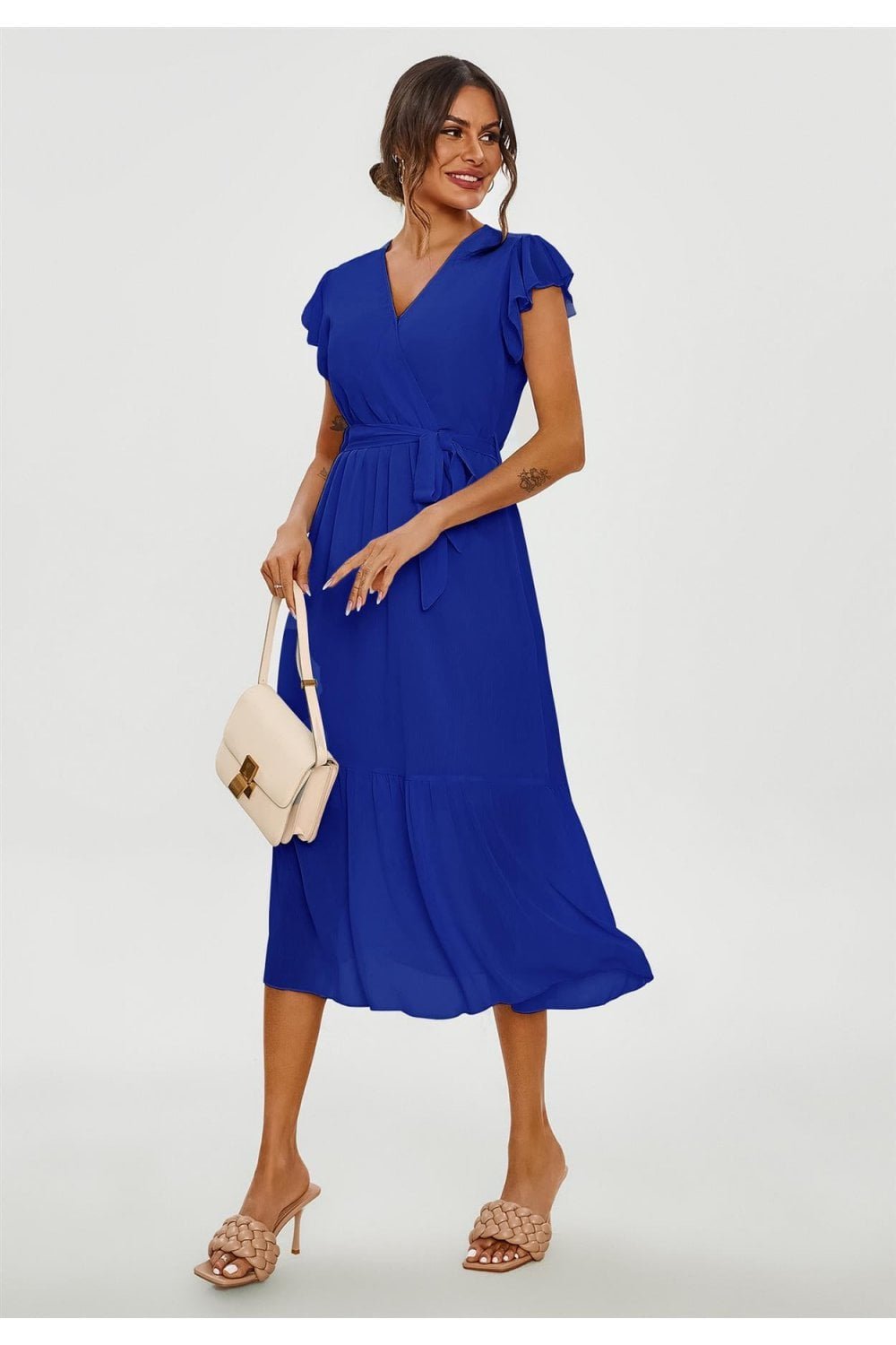 Image of Frill Hem Short Sleeve Midi Dress In Blue