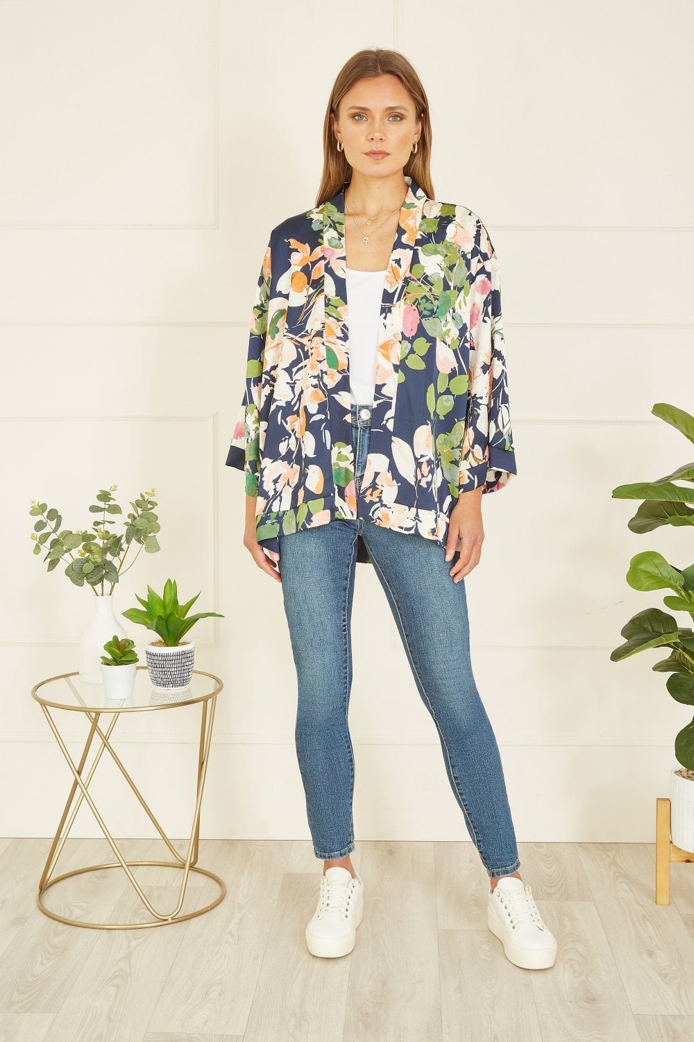 Image of Mela Curve Navy Blossom Print Satin Kimono