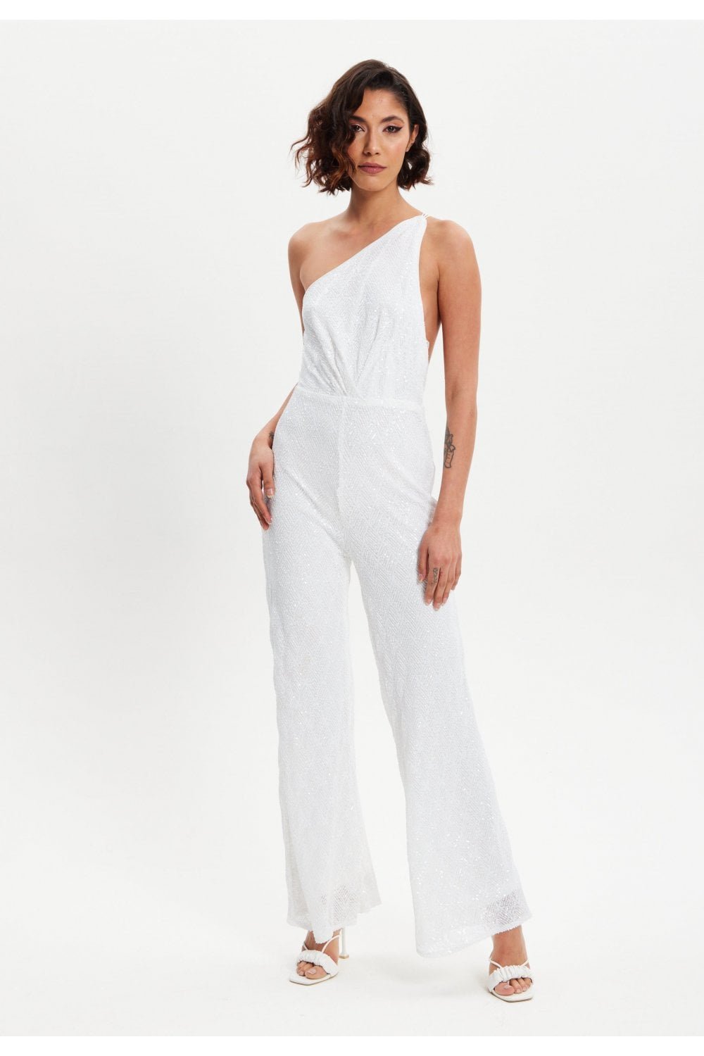 Image of Liquorish White Sequin Jersey One Shoulder Jumpsuit