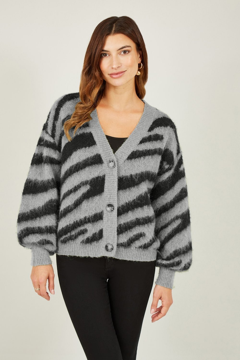 Image of Yumi Grey Zebra Intarsia Button Up Cardigan