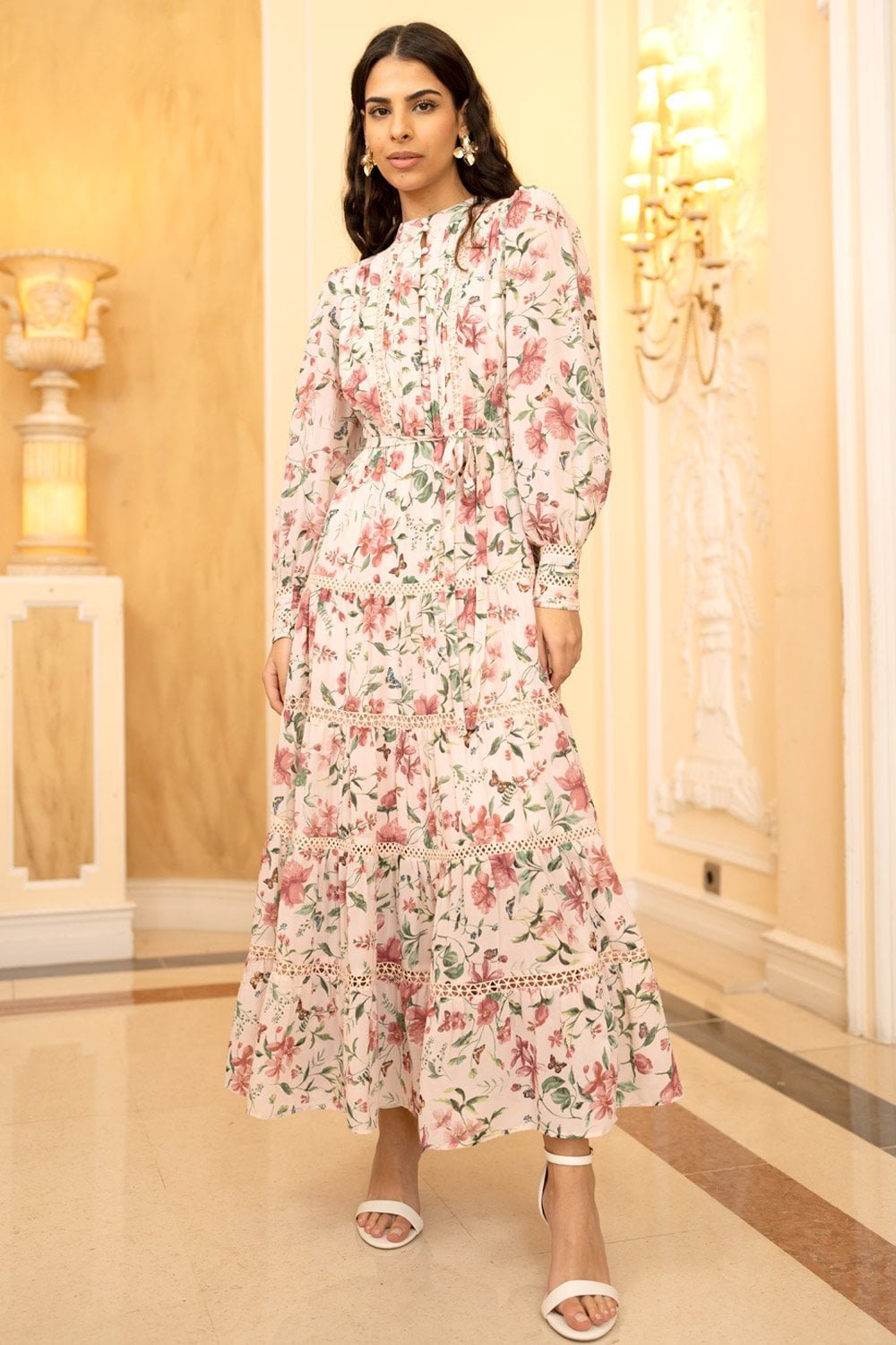 Image of Yumi Pink Butterfly Floral Tiered Long Sleeve High Neck Maxi Dress With Lace Trim