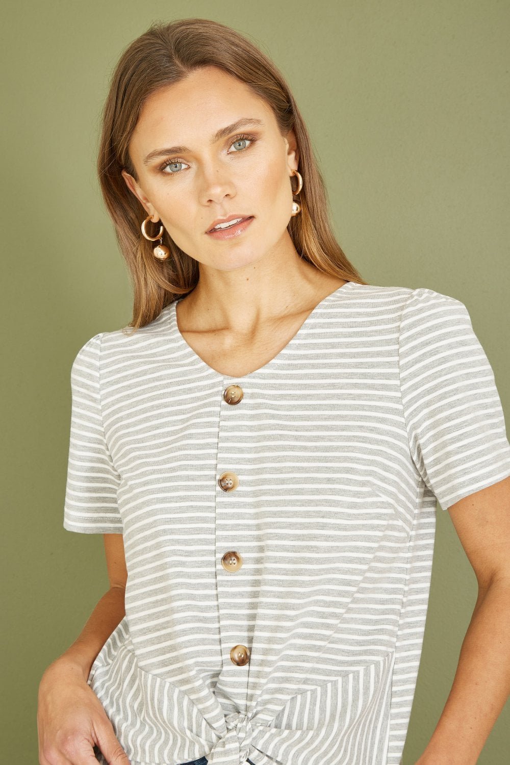 Image of Yumi Grey Striped Jersey Button Detail Top