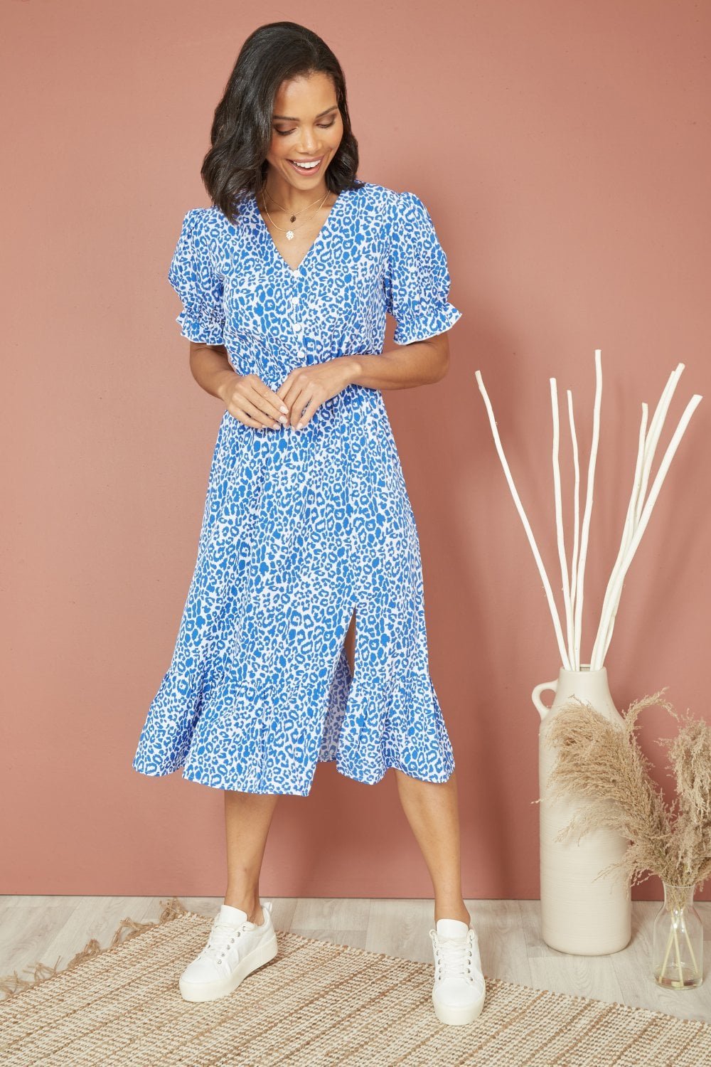 Image of Mela Blue Leopard Print Midi Dress With Puff Sleeves and Split Hem