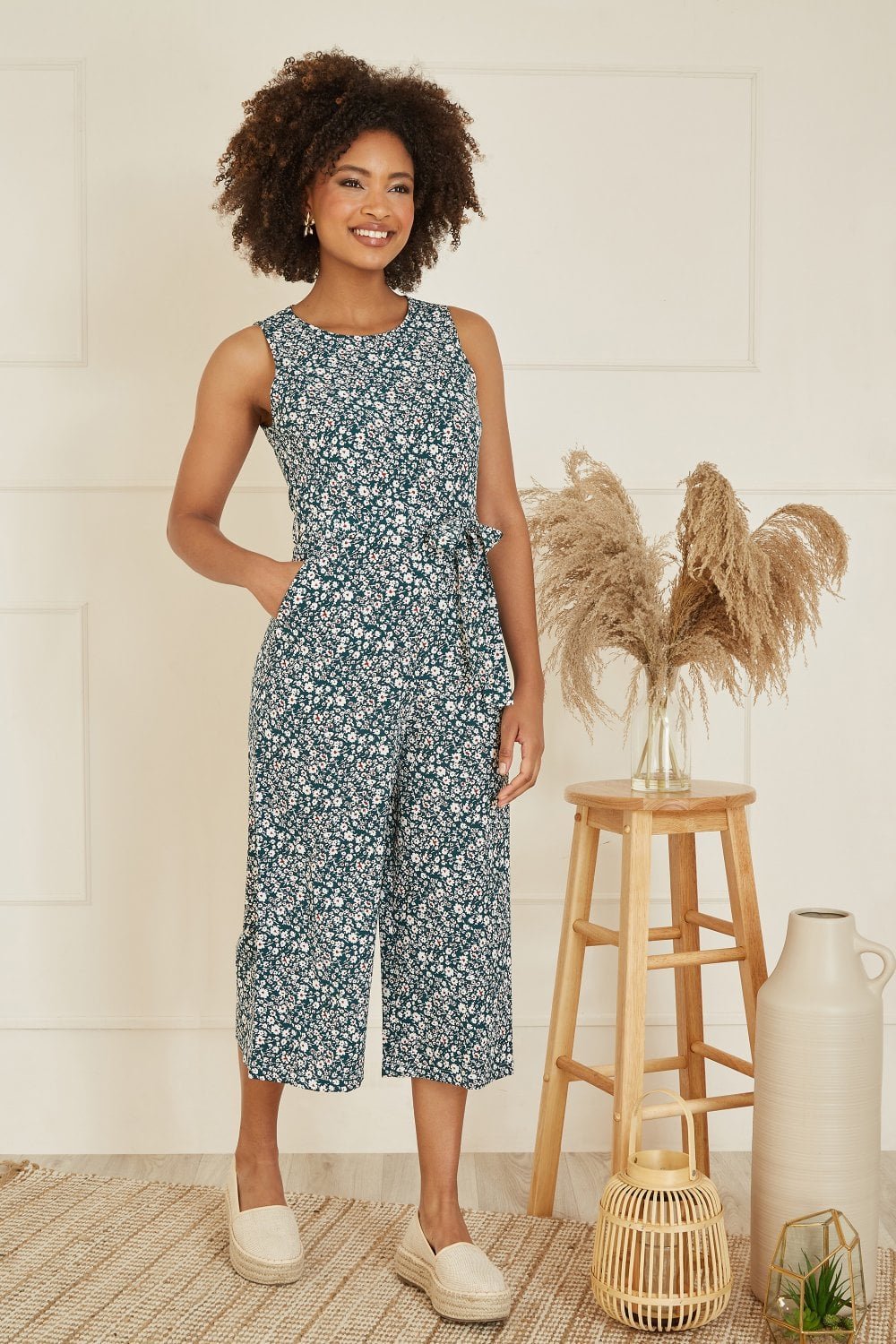 Image of Mela Green Ditsy Print Culotte Jumpsuit