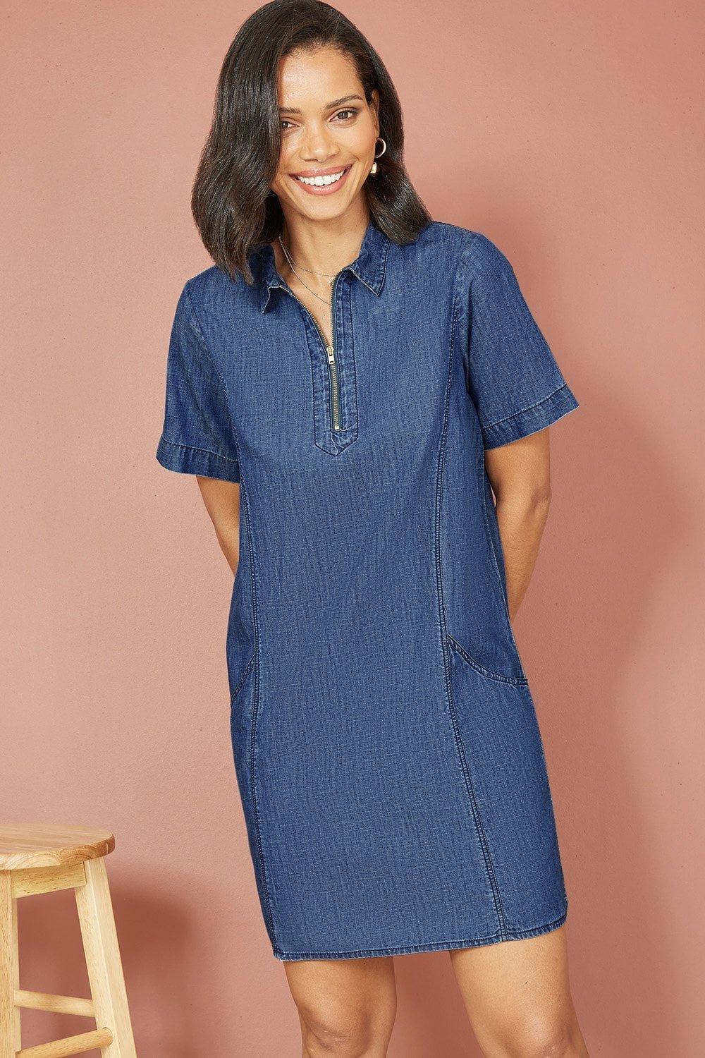 Image of Yumi Blue Cotton Chambray Tunic With Zip Neckline