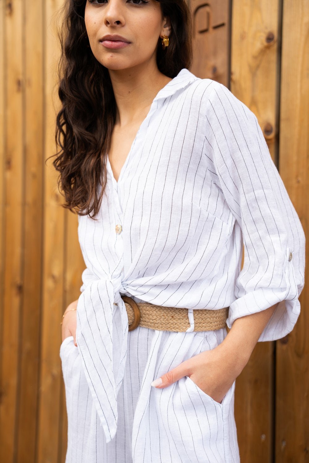 Image of Yumi White Striped Italian Linen Shirt