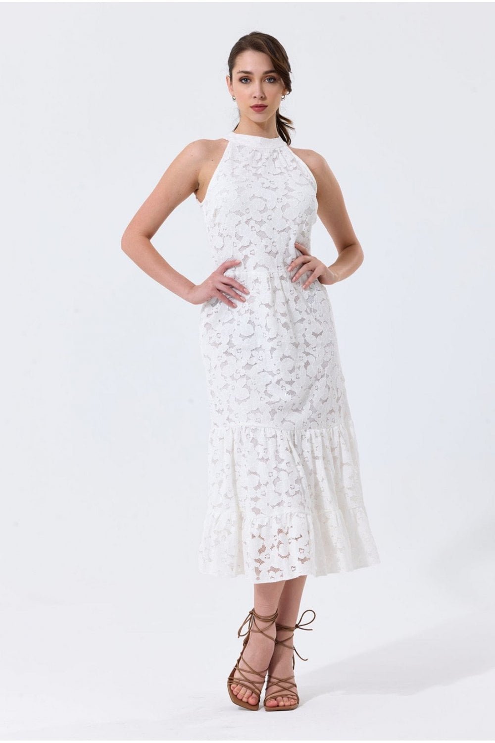 Image of Halter Neck Lace White Maxi Dress