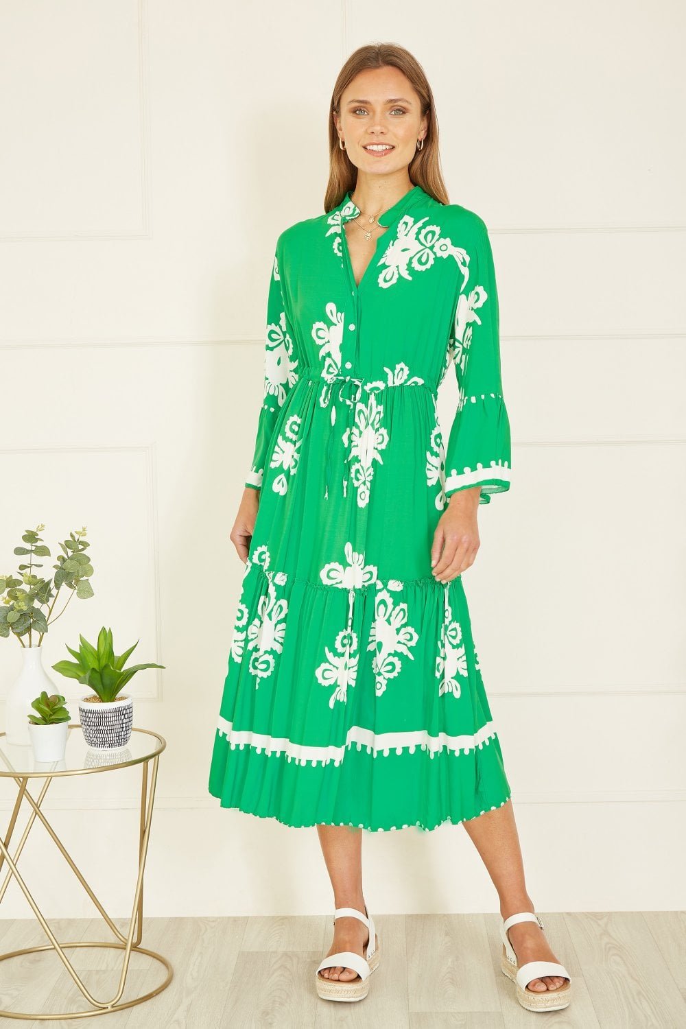 Image of Yumi Green Viscose Midi Dress With Long Sleeves