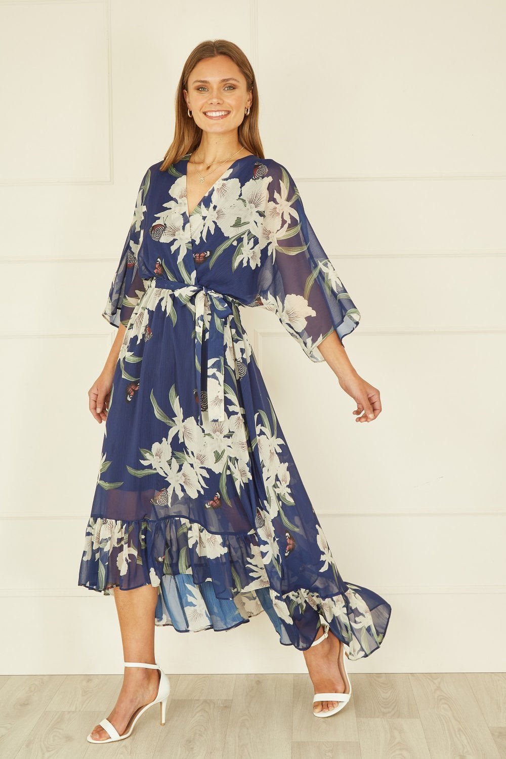 Image of Floral Print Navy Kimono Midi Wrap Dress