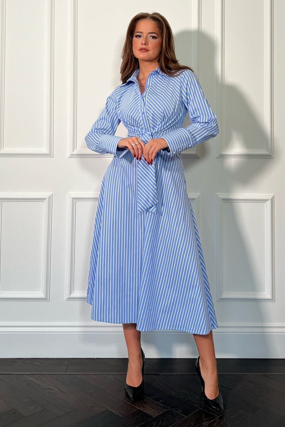 Image of Isabella Blue Pin Stripe Tie Front Shirt Dress