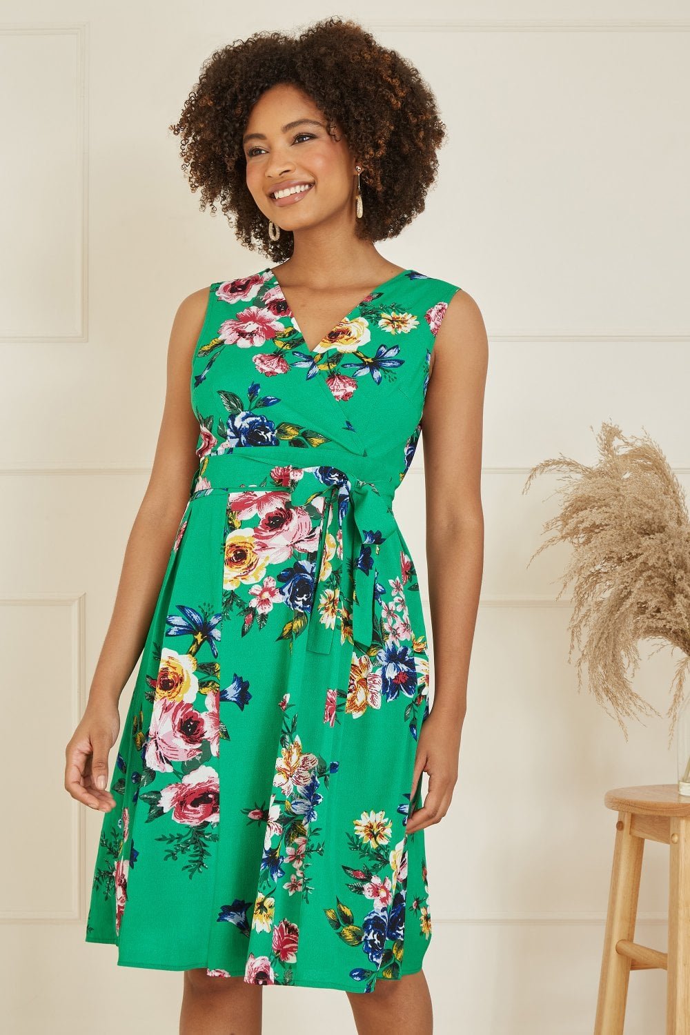 Image of Mela Green Floral Wrap Over Midi Skater Dress