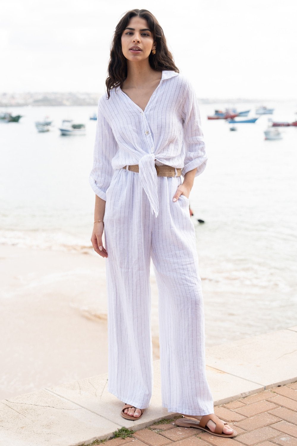 Image of Yumi White Striped Italian Linen Wide Leg Trousers With Belt