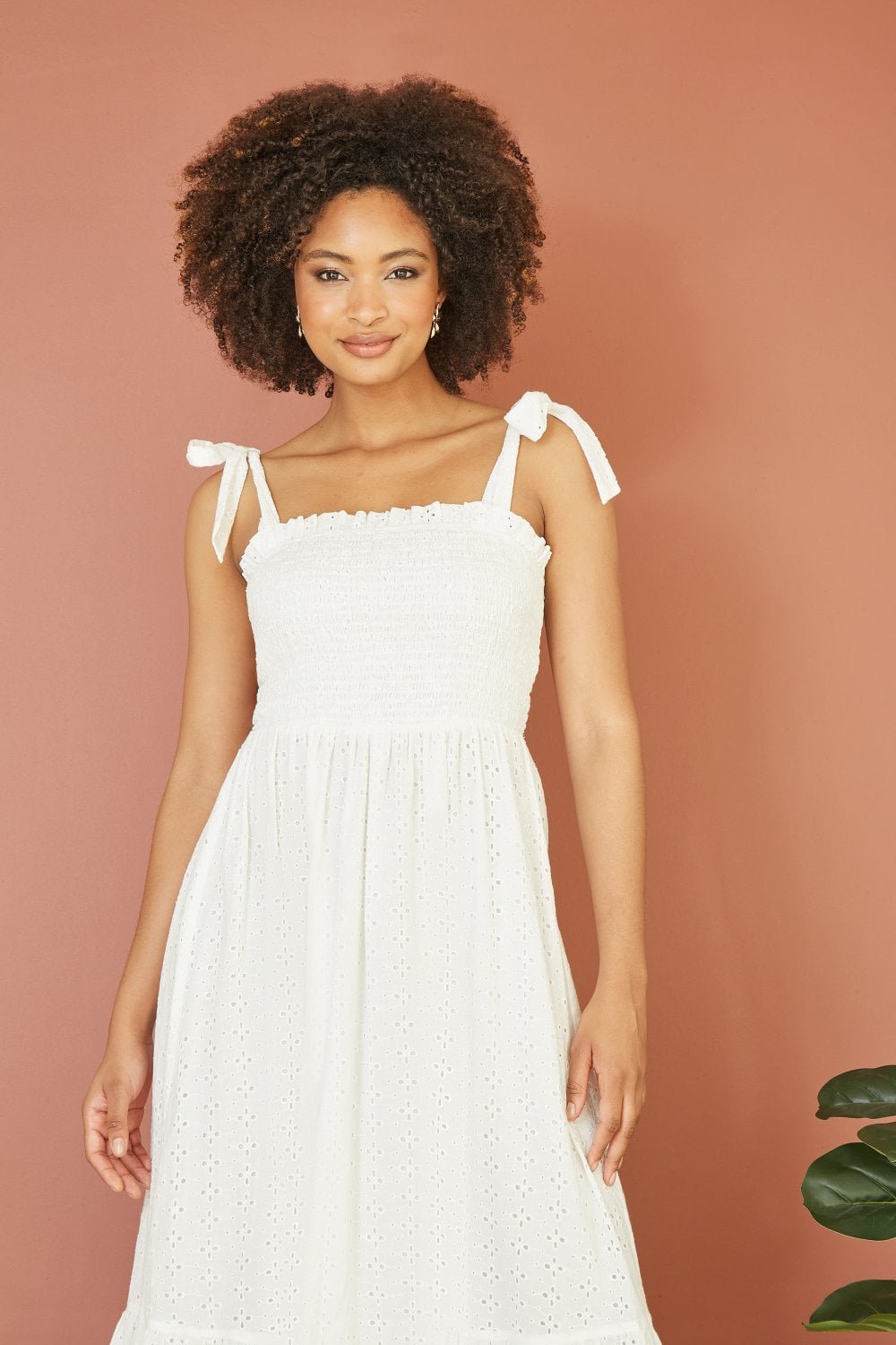 Image of Mela White Broderie Anglaise Ruched Midi Sundress With Tie Sleeves