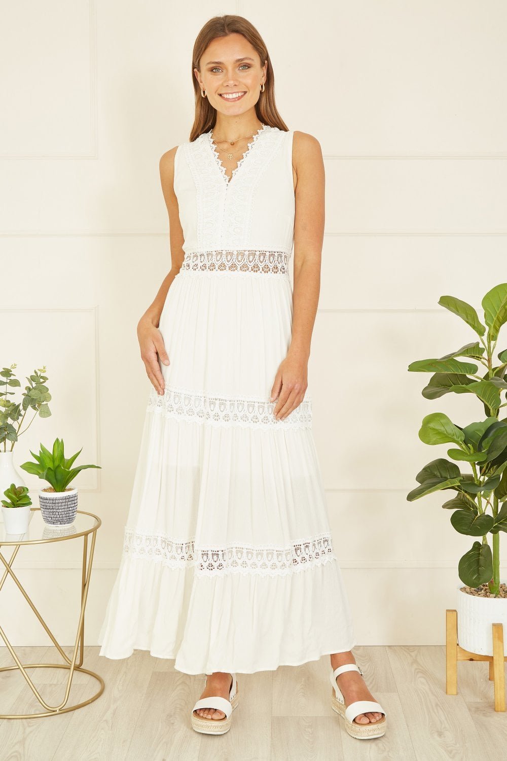 Image of Yumi White Lace Trim Cotton Midi Sun Dress