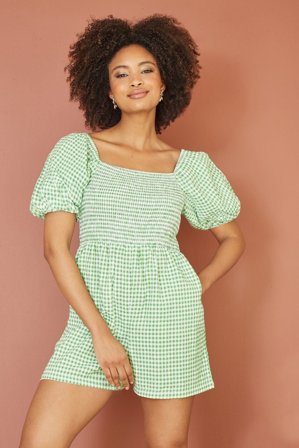 Image of Yumi Green Cotton Gingham Puff Sleeve Playsuit