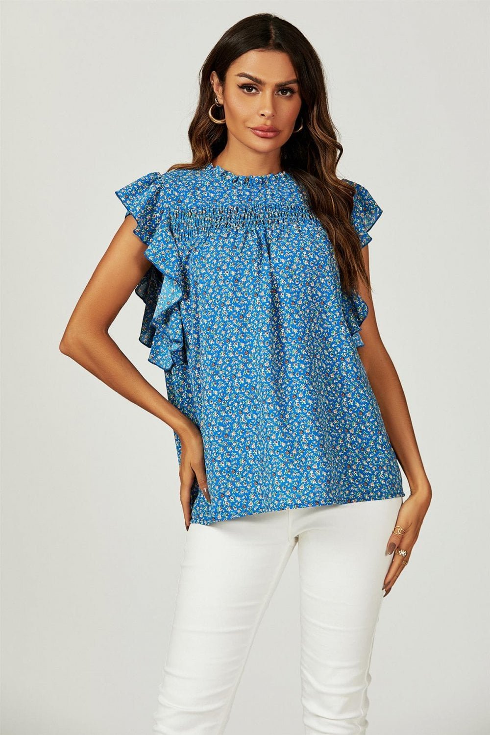 Image of Floral Print Frill Hem Short Sleeve Blouse Top In Blue