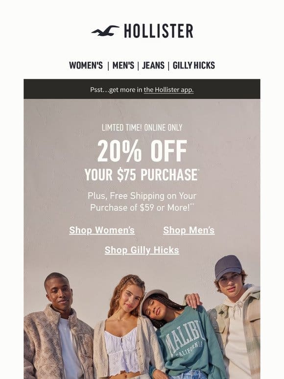 20% off your $75 purchase STARTS NOW!