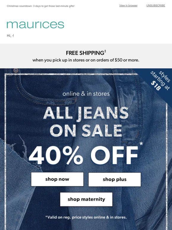 Add to cart: 40% off jeans (all of them!)