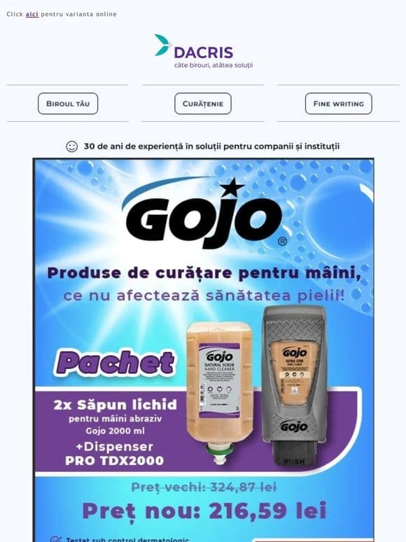 Alege Pachetul 2 x Săpun mâini Gojo + Dispenser și profită de 33% REDUCERE!