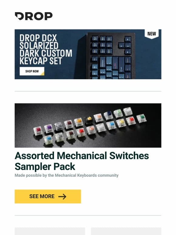 Assorted Mechanical Switches Sampler Pack， Artifact Bloom Series Keycap Set: Black on White， FRONTIER Chemistry 001 PBT Keycap Set and more…