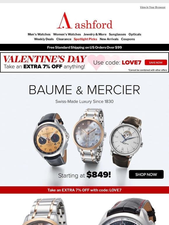 BAUME & MERCIER from $849 – Timeless Elegance， Unbeatable Price!