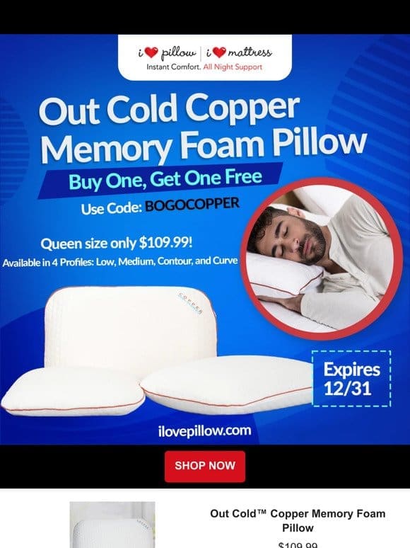 BOGO Out Cold Copper Memory Foam Pillows!