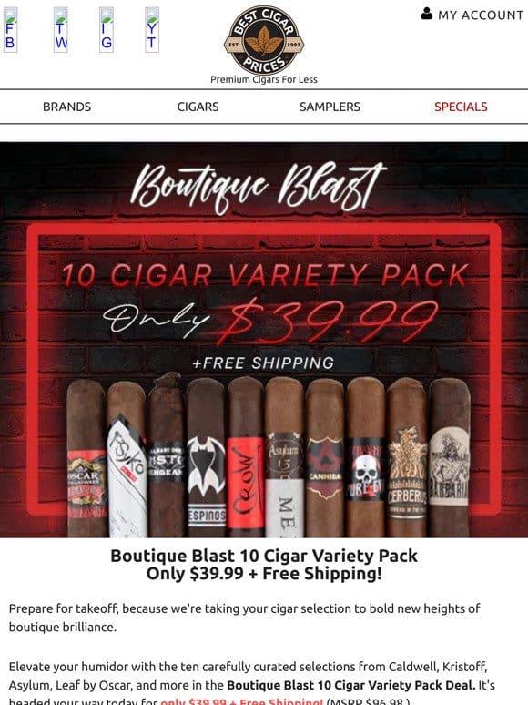 Boutique Blast 10 Cigar Sampler Only $39.99 + Free Shipping!