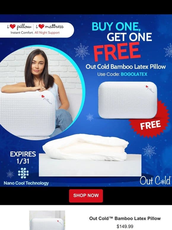 Buy One， Get One Free Out Cold Bamboo Latex Pillows!
