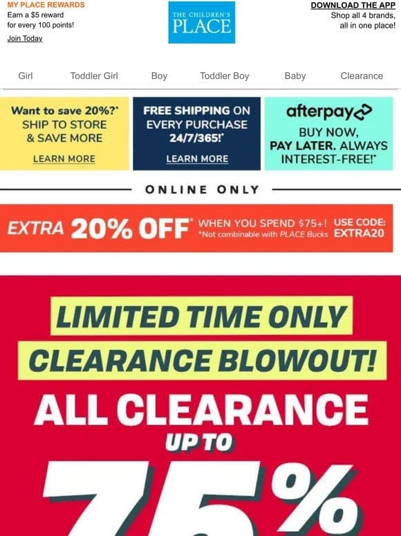CLEARANCE BLOWOUT: up to 75% OFF Clearance + EXTRA 20% OFF your order! Ready. Set. SHOP NOW!
