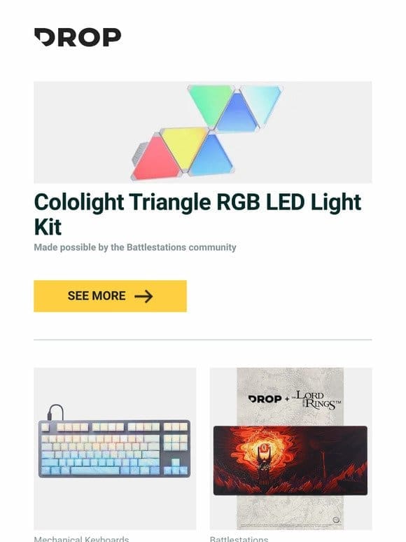 Cololight Triangle RGB LED Light Kit， IDOBAO Blue Wave PBT Keycap Set， Drop + The Lord of the Rings™ Barad-dûr™ Desk Mat and more…