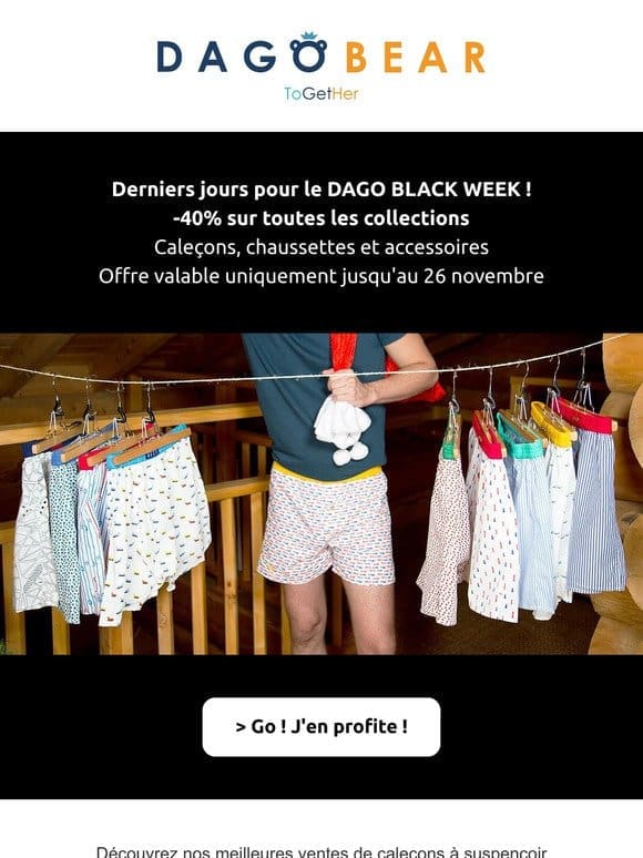 Derniers jours Black Friday ! 40% de réduction sur TOUT， caleçons et accessoires   C’est le moment