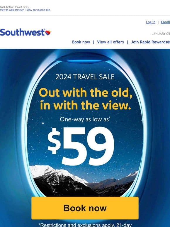 ENDS TODAY: $59 sale fares. New year， where to?​