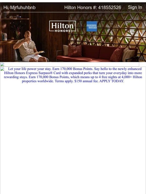 Earn 170k Bonus Points with the newly enhanced Hilton Honors American Express Surpass® Card