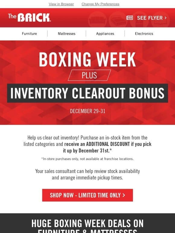 Extra Savings!   Boxing Week PLUS Inventory Clearout Bonus
