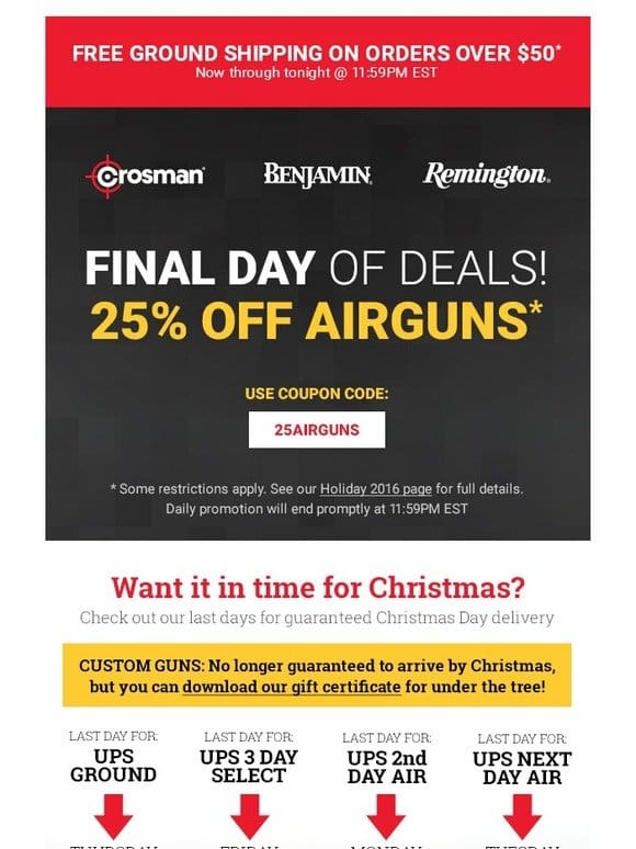 FINAL DAY OF DEALS! 25% off Airguns plus free shipping over $50