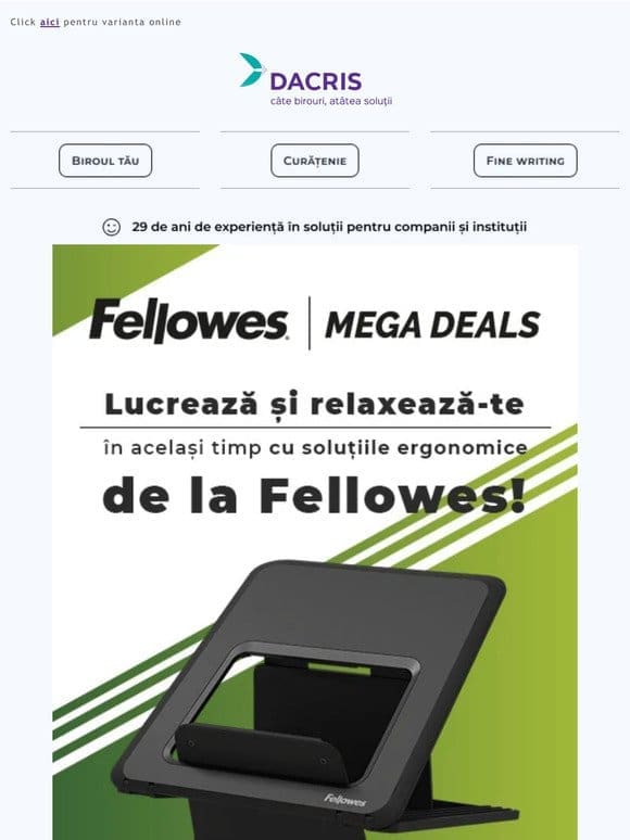 Fellowes MEGA DEALS: Soluții ergonomice pentru birou cu 30% REDUCERE!