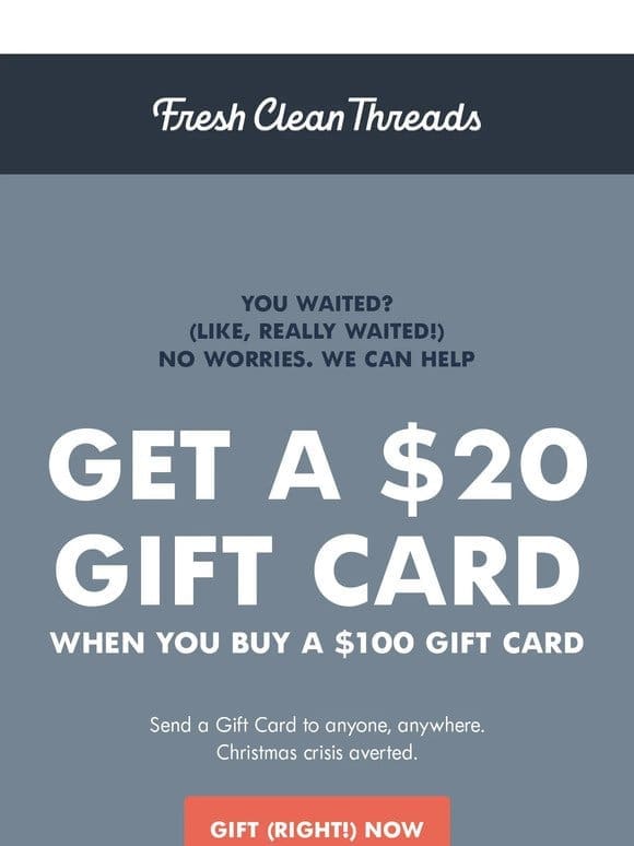 Gift Cards: Buy $100， Get $20