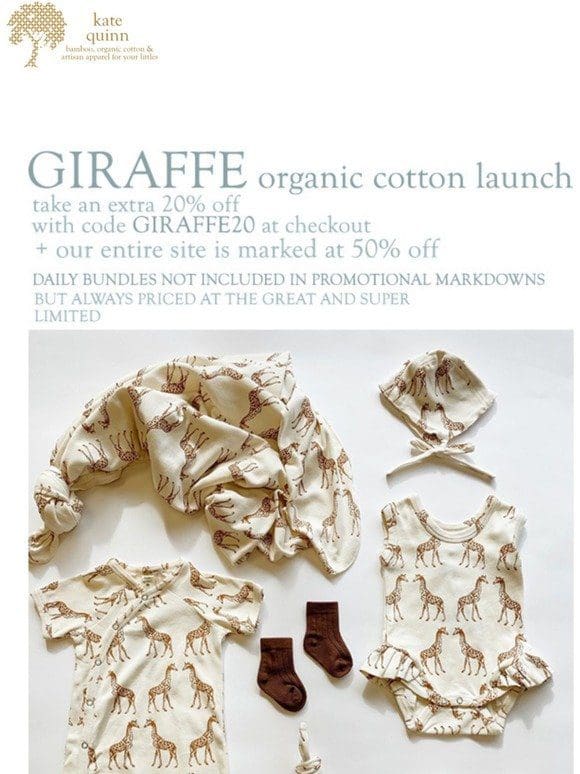 GIRAFFE organic cotton launch discount + fresh daily bundles added!