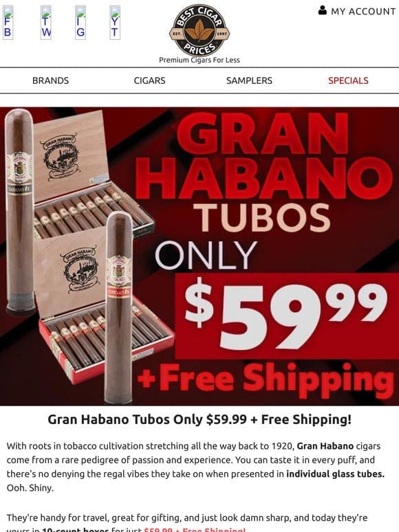 Gran Habano Tubos Only $59.99 + Free Shipping