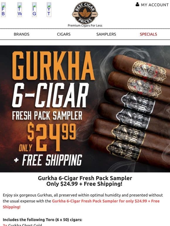 Gurkha 6-Cigar Fresh Pack Sampler Only $24.99 + Free Shipping