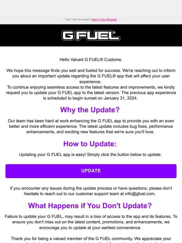 IMPORTANT UPDATE: Action Required to Retain G FUEL® App Access