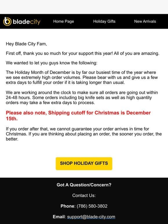 Important Information Regarding Holiday Orders