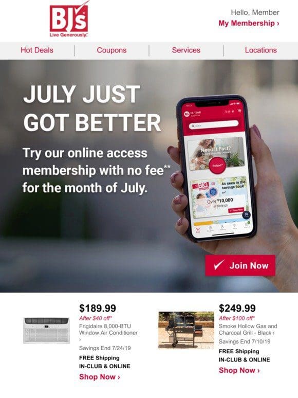 JULY ONLY: try BJ’s online with no fee
