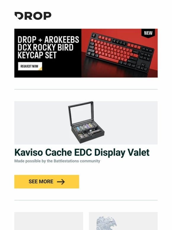 Kaviso Cache EDC Display Valet， Drop + Atoms to Astronauts Desk Mats R2， Moon Key Mysterious Phoenix Artisan Keycap and more…