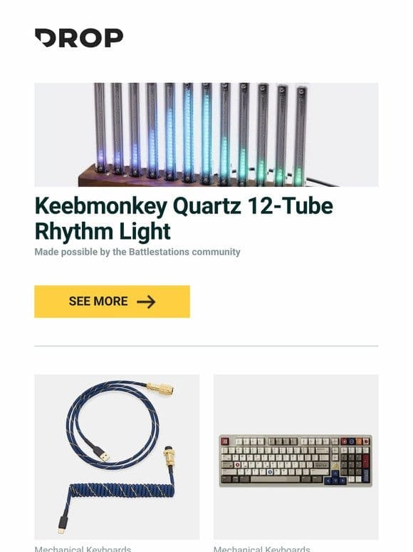 Keebmonkey Quartz 12-Tube Rhythm Light， Mechcables Blue Samurai Custom Coiled Aviator USB Cable， TUT GAME 1989 PBT Keycap Set and more…