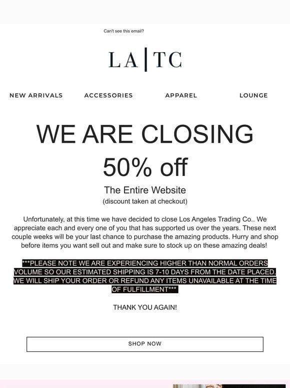 LATC is closing – Get 50% while products are available