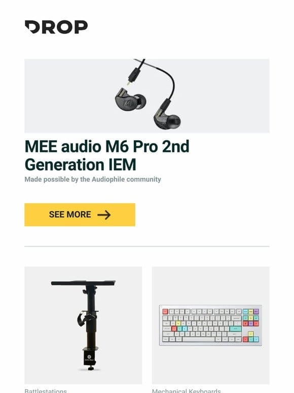 MEE audio M6 Pro 2nd Generation IEM， Sonic Fiber Studio Monitor Clamp Stand V2， Drop XDA Versa Keycap Set and more…