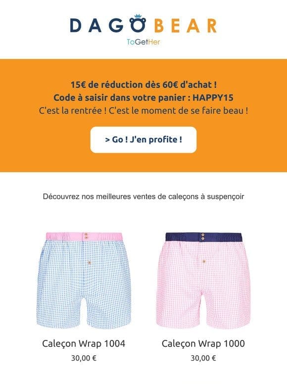 Nous sommes heureux de vous offrir 15€   Faites vous beau pour la rentrée !