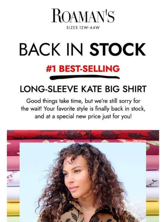 Now from $24.99， the Long-Sleeve Kate Big Shirt is BACK IN STOCK