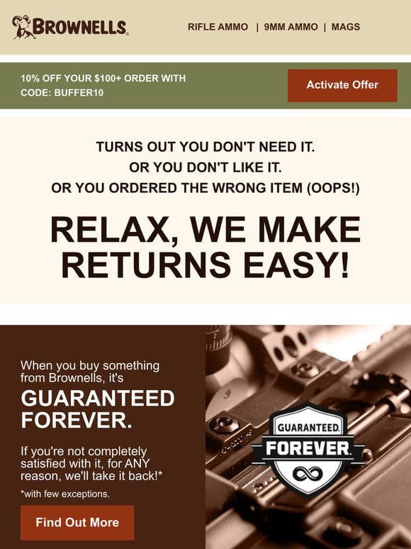 Our Forever Guarantee: easy， hassle-free returns